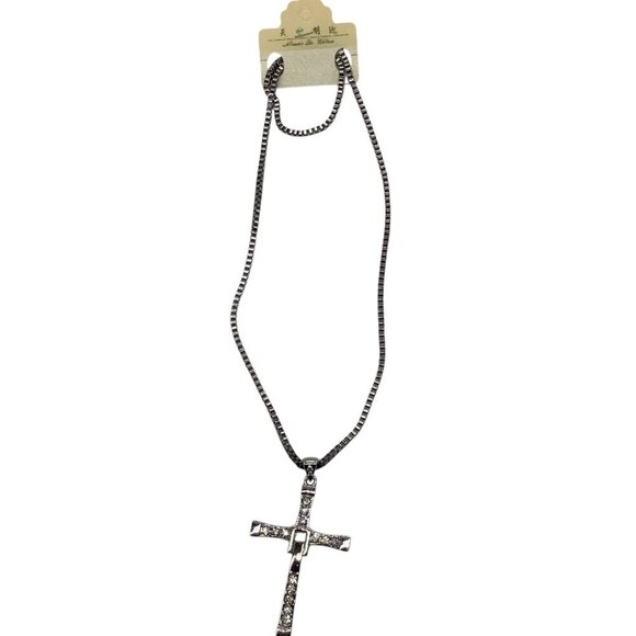 Men’s Rhinestone Cross Pendant Necklace Silver Box Chain - Picture 4 of 16